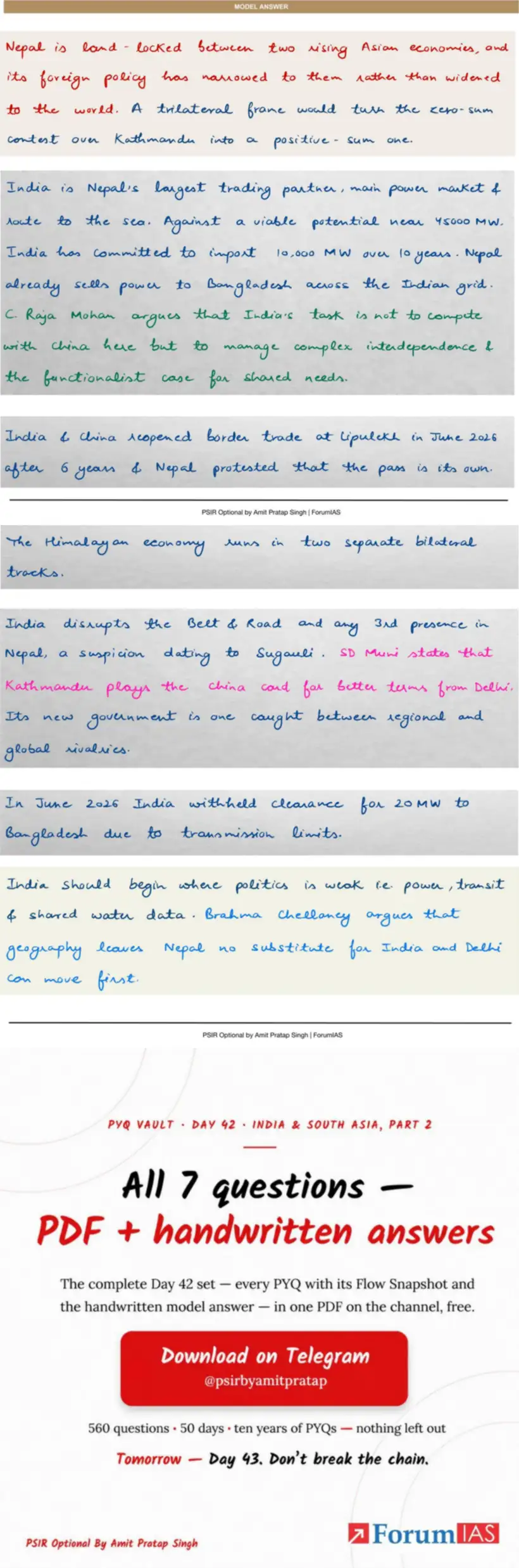 Handwritten model answer — UPSC PSIR 2025, India & South Asia — Part 2