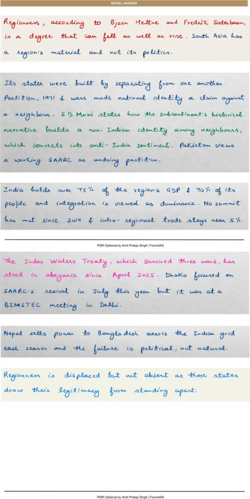 Handwritten model answer — UPSC PSIR 2023, South Asia: Regionalism, SAARC & BIMSTEC
