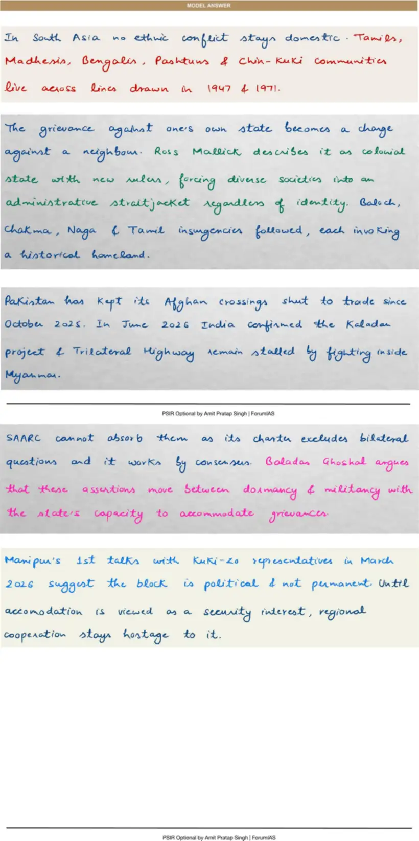 Handwritten model answer — UPSC PSIR 2023, South Asia: Regionalism, SAARC & BIMSTEC