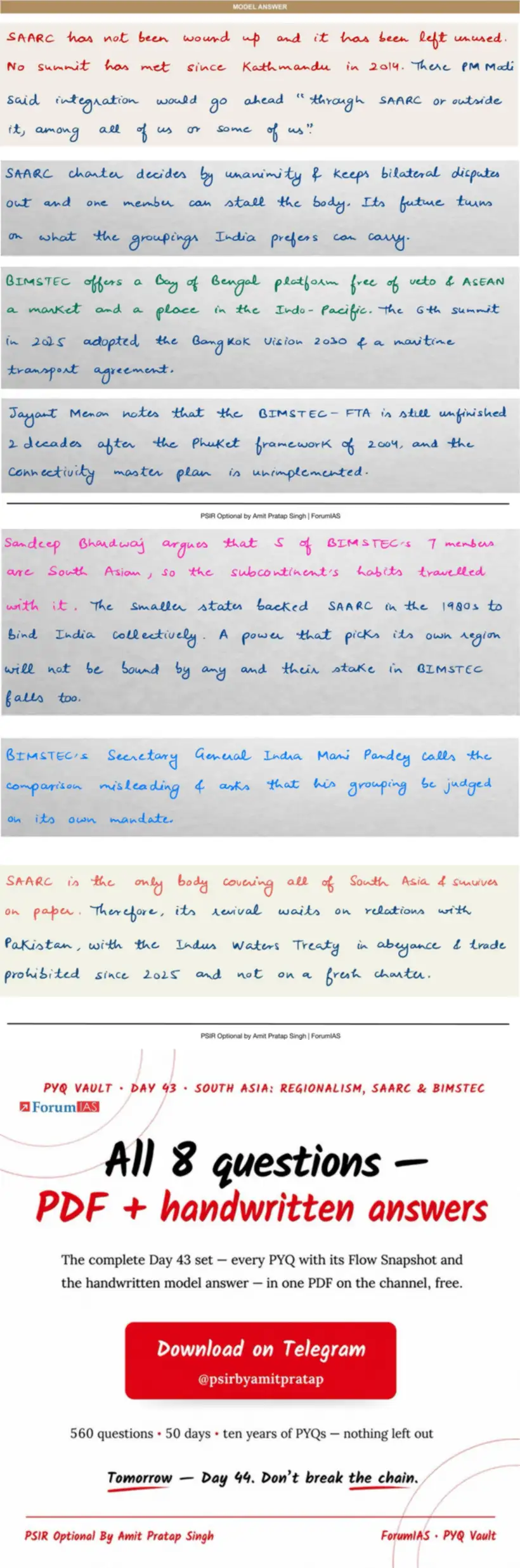 Handwritten model answer — UPSC PSIR 2024, South Asia: Regionalism, SAARC & BIMSTEC