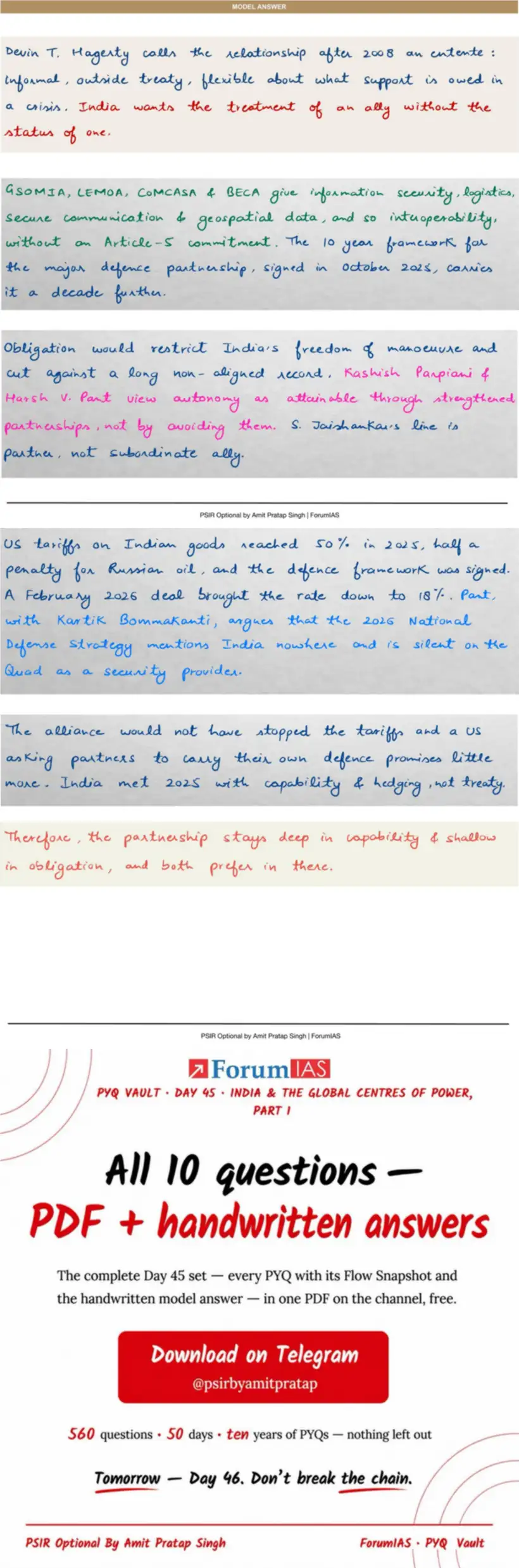 Handwritten model answer — UPSC PSIR 2024, India & the Global Centres of Power — Part 1