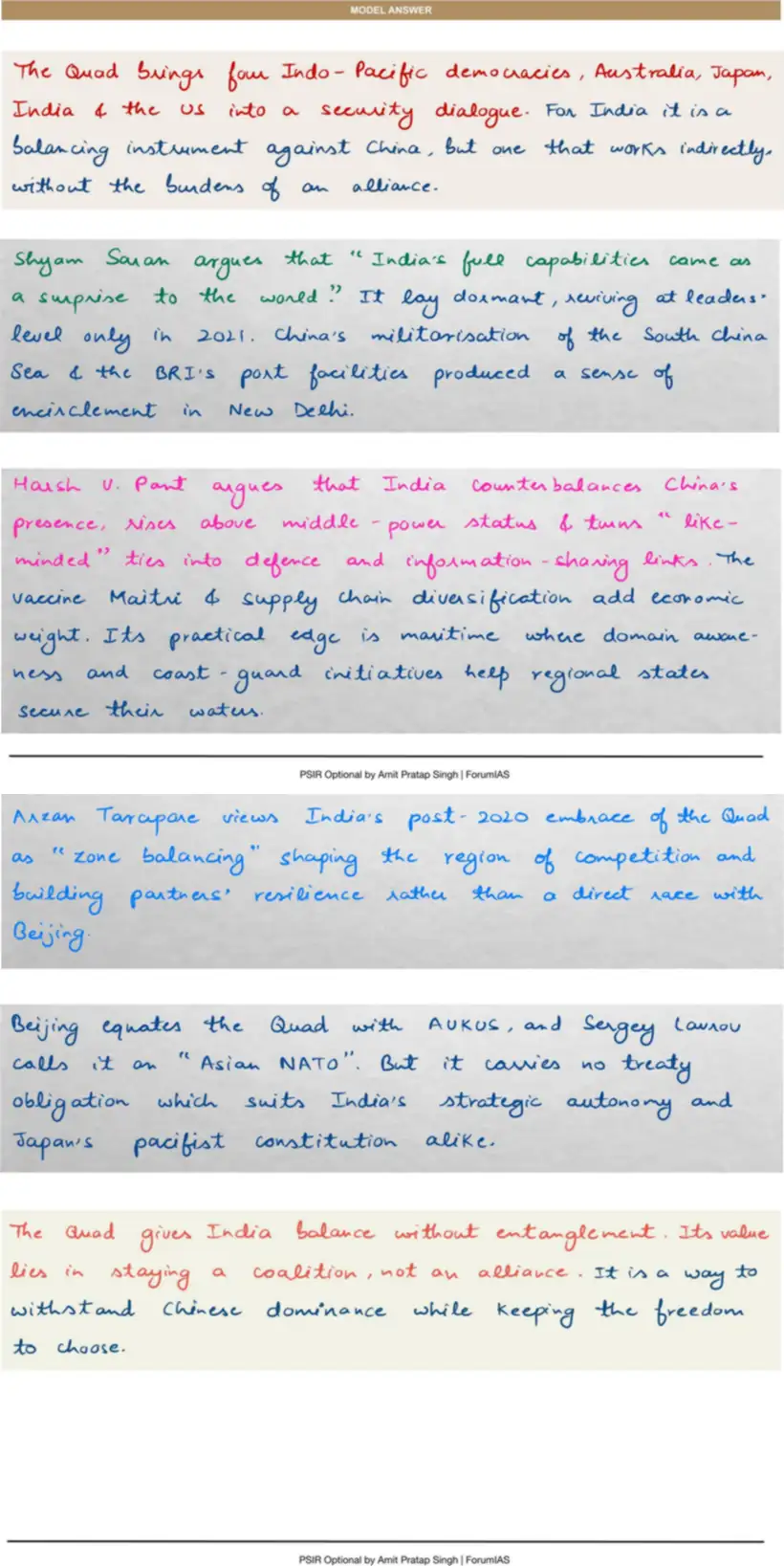 Handwritten model answer — UPSC PSIR 2023, India & the Global Centres of Power — Part 2
