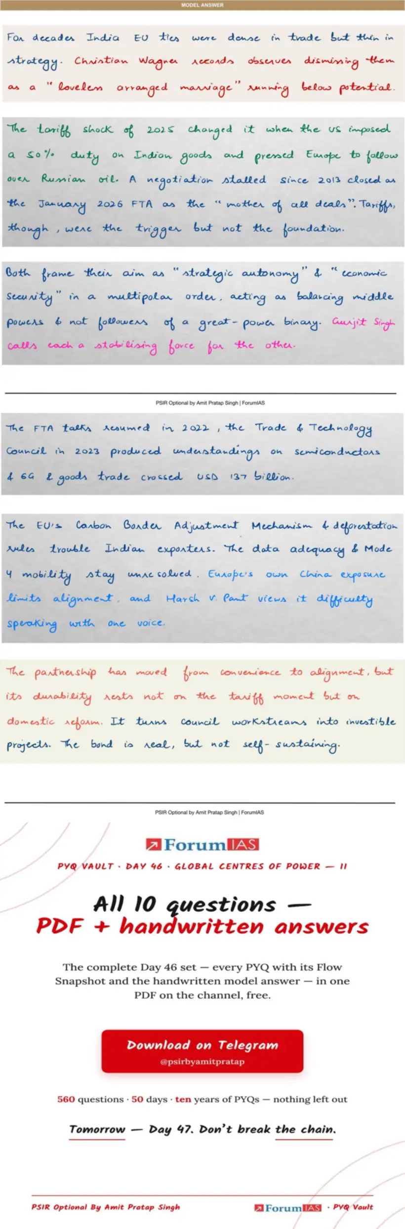 Handwritten model answer — UPSC PSIR 2025, India & the Global Centres of Power — Part 2