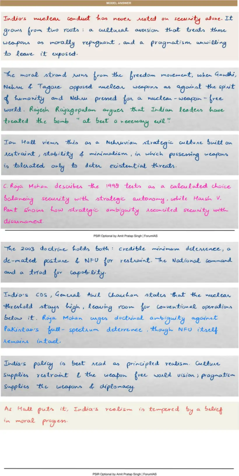 Handwritten model answer — UPSC PSIR 2023, India & the Nuclear Question