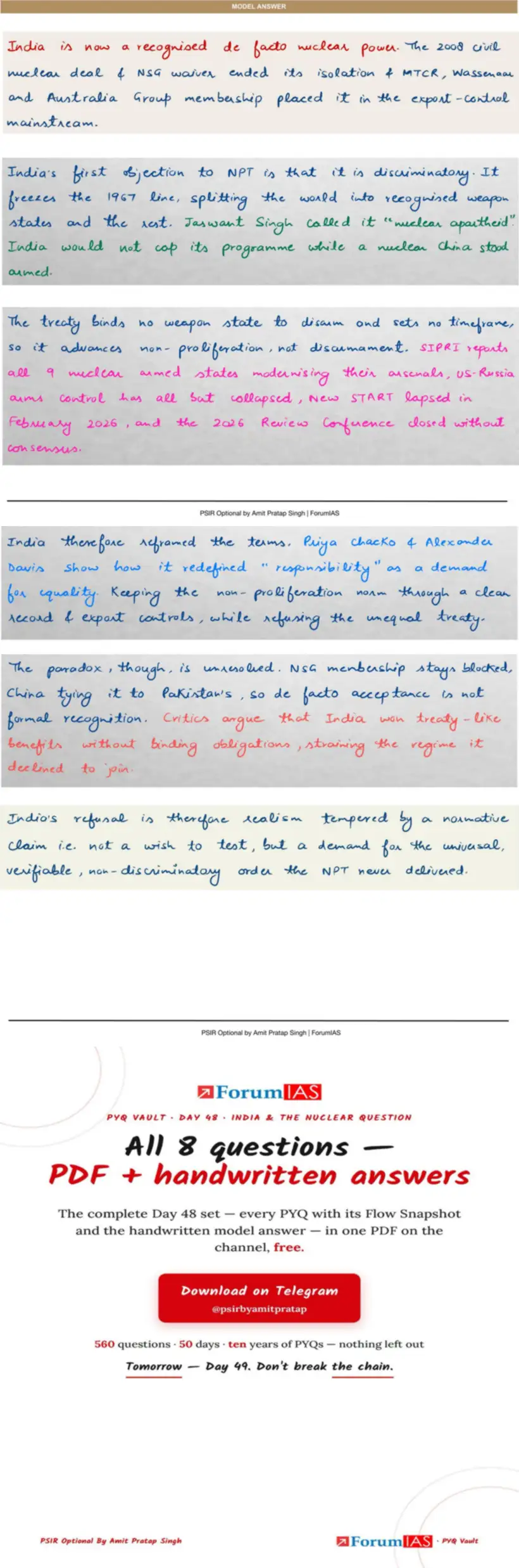 Handwritten model answer — UPSC PSIR 2024, India & the Nuclear Question