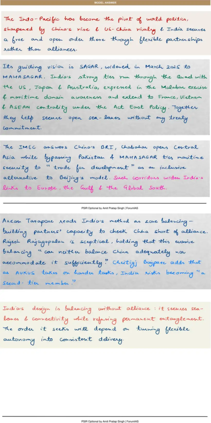 Handwritten model answer — UPSC PSIR 2025, Recent Developments in Foreign Policy — Part 1