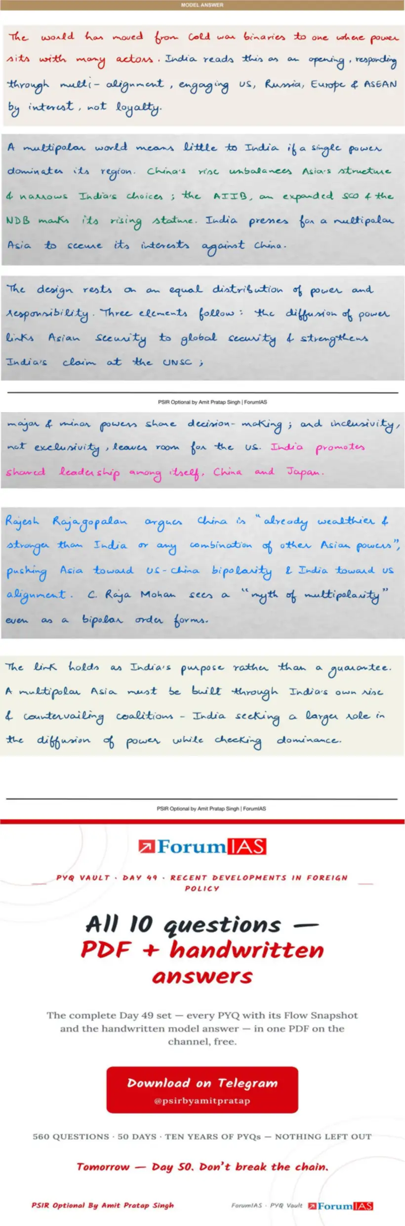 Handwritten model answer — UPSC PSIR 2025, Recent Developments in Foreign Policy — Part 1