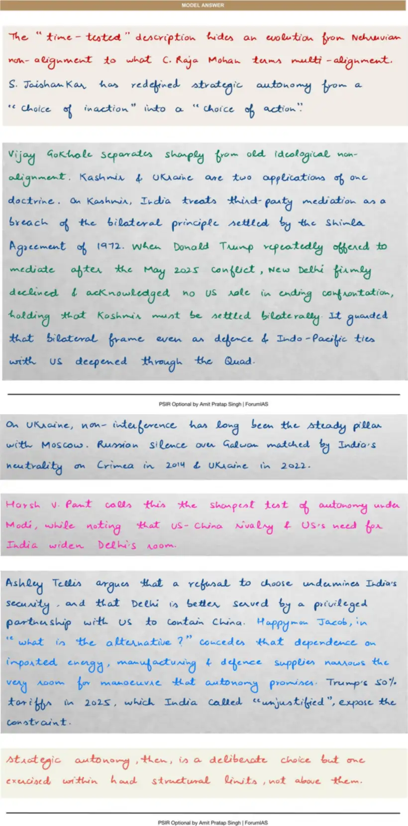 Handwritten model answer — UPSC PSIR 2025, Recent Developments in Foreign Policy — Part 2