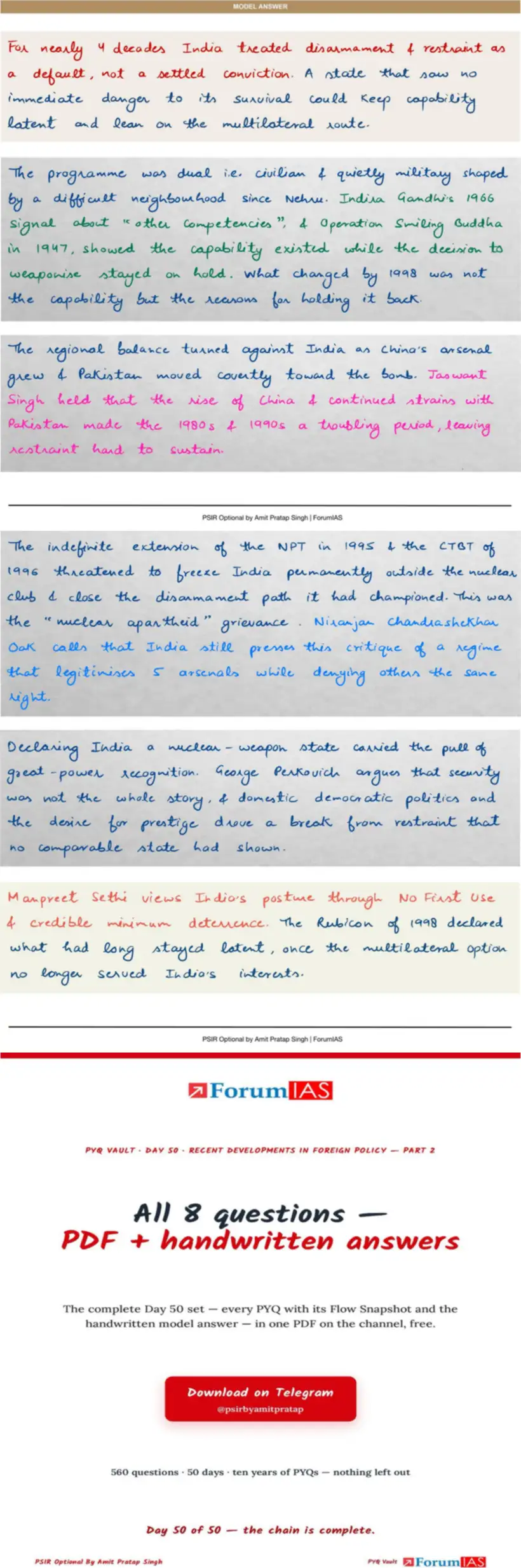 Handwritten model answer — UPSC PSIR 2025, Recent Developments in Foreign Policy — Part 2